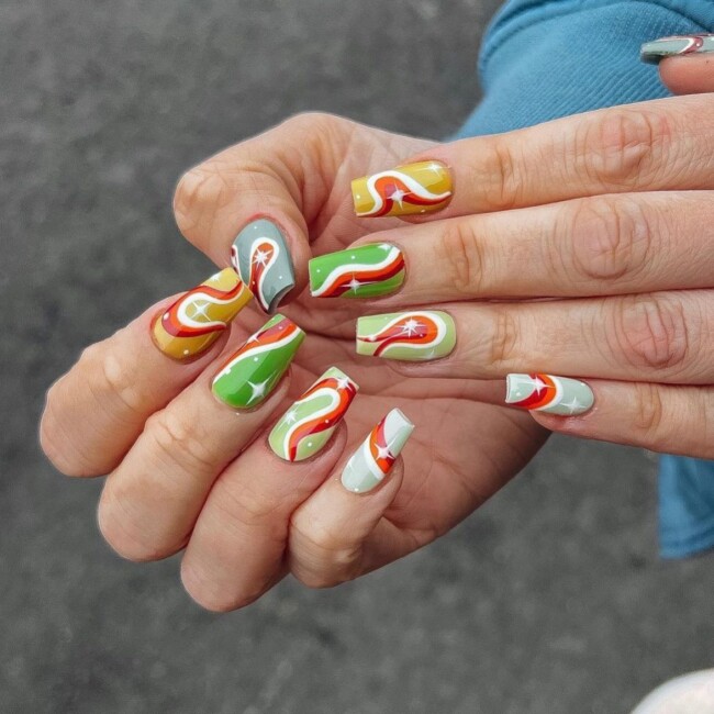 70+ Nail Art Designs Will Make You Want To Try ASAP — Shades of Green and Orange Nail Art