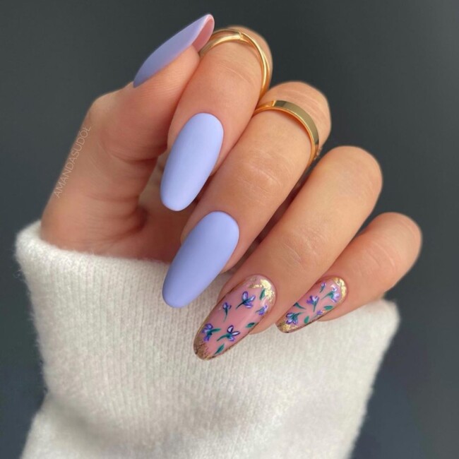 70+ Nail Art Designs Will Make You Want To Try ASAP — Matte Blue & Flower Clear Base Nail Art