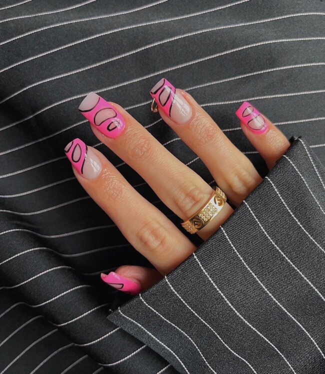 70+ Nail Art Designs Will Make You Want To Try ASAP — Abstract Hot Pink on Sheer Nails