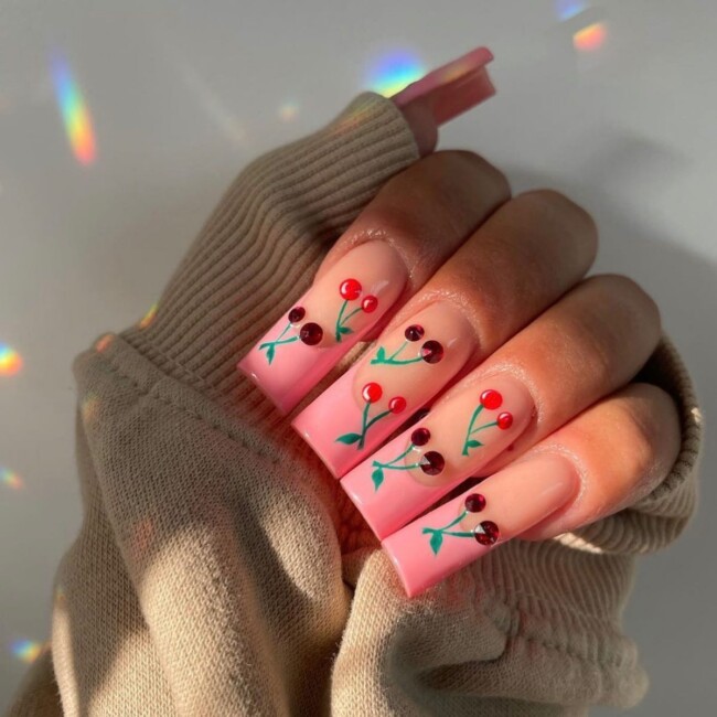 70+ Nail Art Designs Will Make You Want To Try ASAP — Pink French Tip Nail Art with Cherries