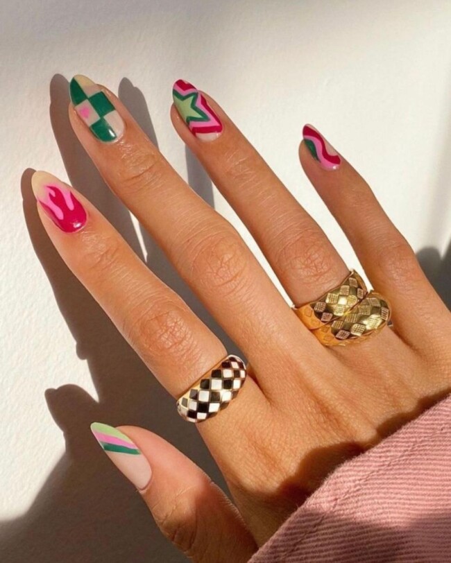 70+ Nail Art Designs Will Make You Want To Try ASAP — Green Check, Swirl & Star Nail Art