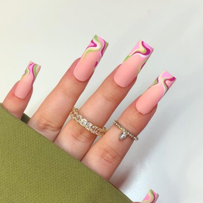 70+ Nail Art Designs Will Make You Want To Try ASAP — Green and Pink Swirl French Tip Nail Art