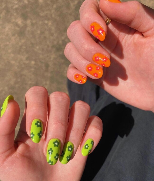 40 Cute Summer Nails for 2022 — Chartreuse & Orange Nails with Flowers