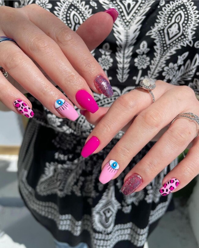 70+ Nail Art Designs Will Make You Want To Try ASAP — Leopard Pink & Evil Eye Nail Art