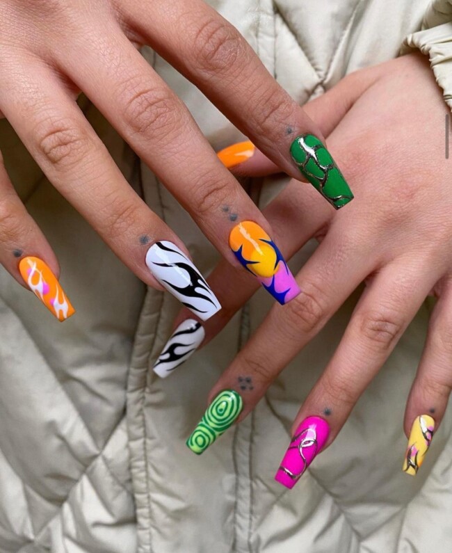 40 Cute Summer Nails for 2022 — Mixed Bright Colors Coffin Nail Art