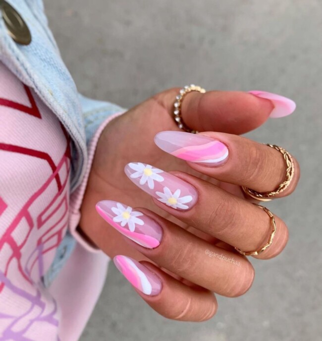 60+ Cute Easter Nail Art Designs — Flower & Pin Swirl Sheer Nails