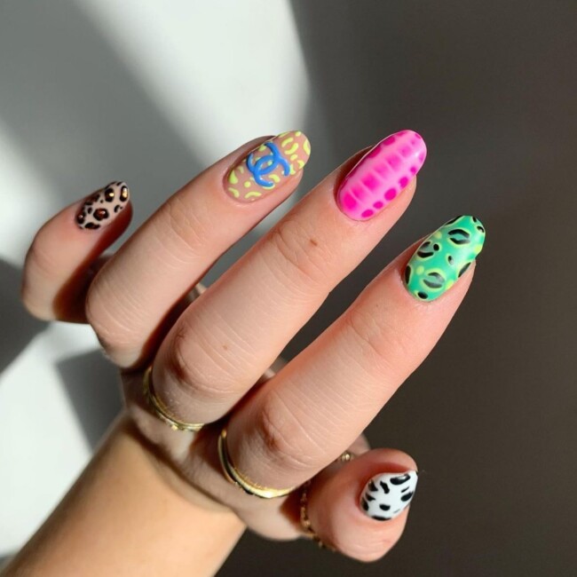 40 Cute Summer Nails for 2022 — Colorful Animal Print Nails with Chanel Accents