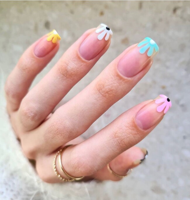 60+ Cute Easter Nail Art Designs — Multi-Colored Flower French Tip Nails