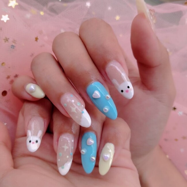 60+ Cute Easter Nail Art Designs — Bunny French Tip Kawaii Nails