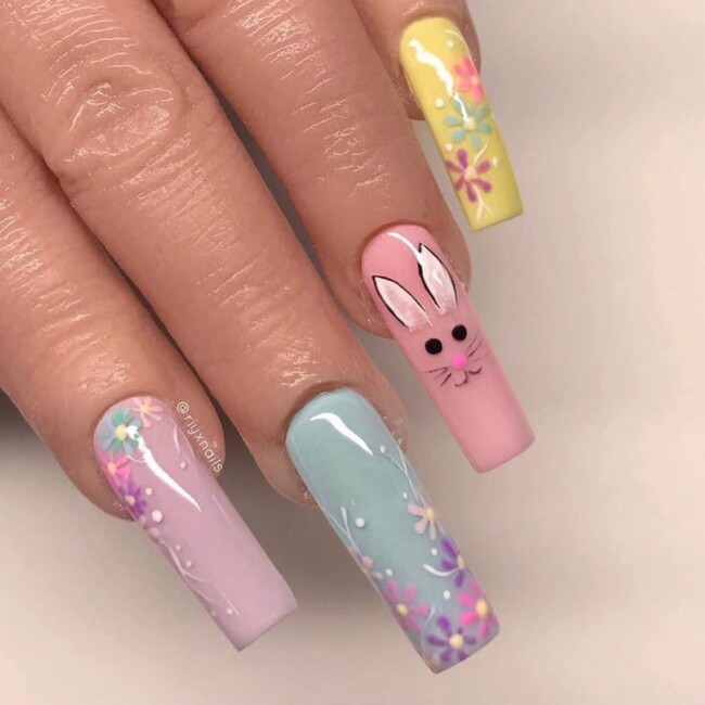 60+ Cute Easter Nail Art Designs — Bunny & Flower Long Nails