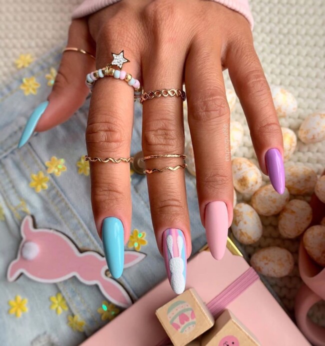 60+ Cute Easter Nail Art Designs — Textured Bunny Almond Nails