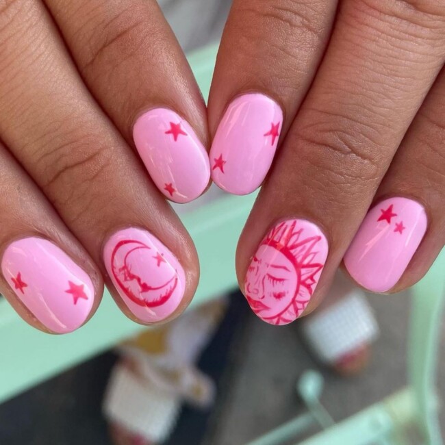 40 Cute Summer Nails for 2022 — Moon, Star and Sun Pink Nail Art