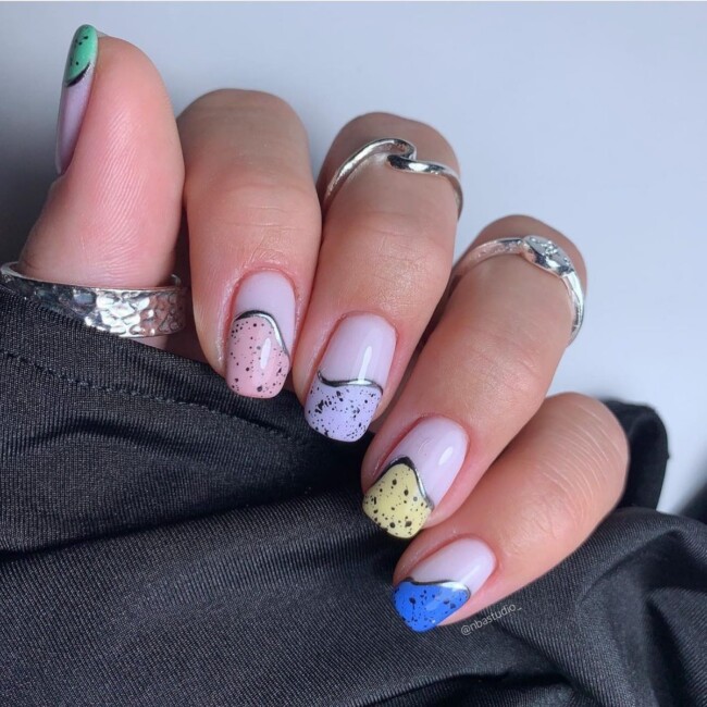 60+ Cute Easter Nail Art Designs — Abstract Eggshell French Tips with Silver Accents