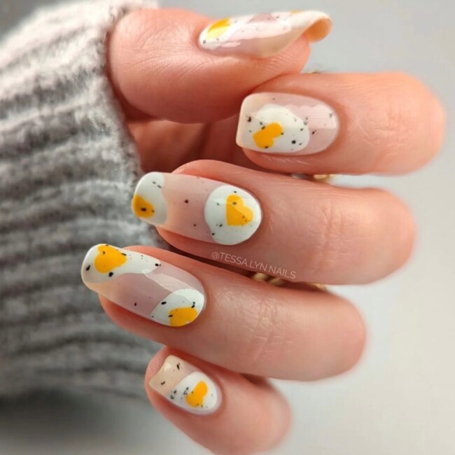 60+ Cute Easter Nail Art Designs — Fried-Egg Speckled Egg Nail Art