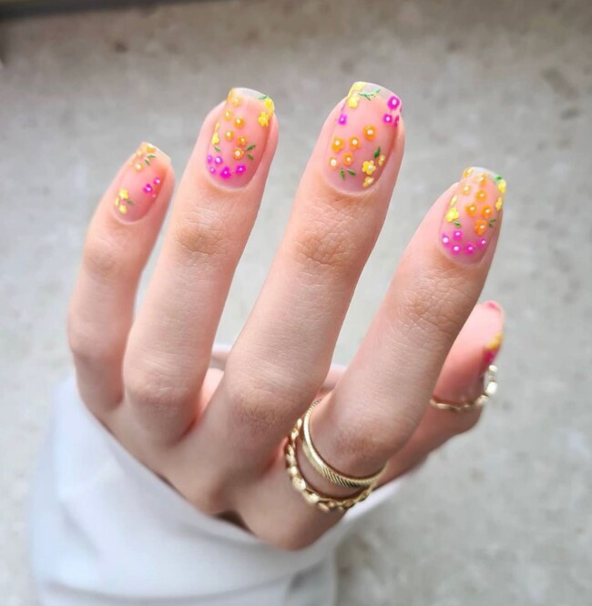 60+ Cute Easter Nail Art Designs — Pink, Orange and Yellow Flower Natural Nails