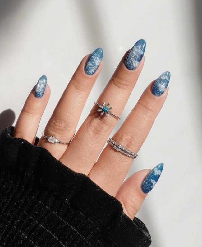 40 Cute Summer Nails for 2022 — Shimmery Blue Cloud Nail Art