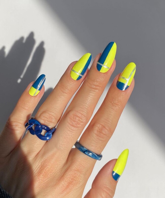 40 Cute Summer Nails for 2022 — Blue and Bright Yellow Nail Art