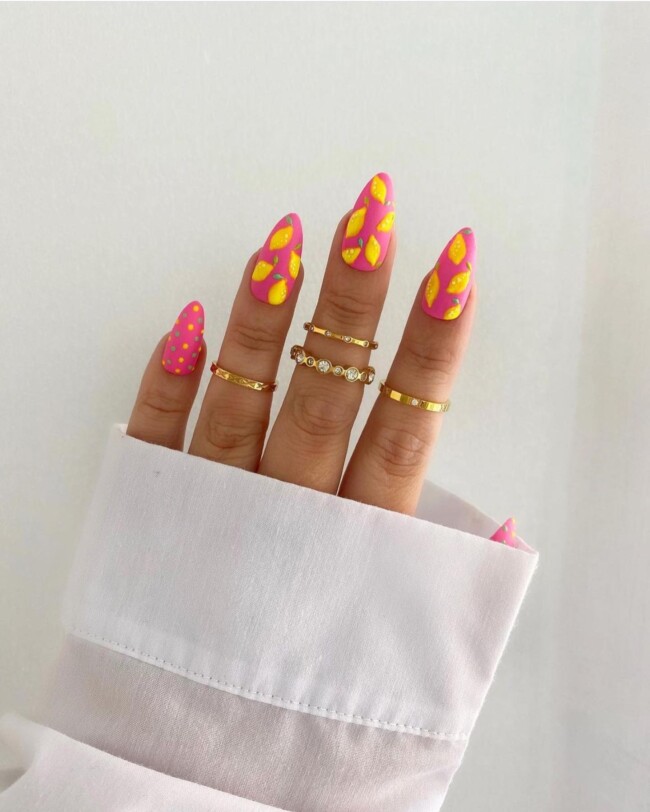 40 Cute Summer Nails for 2022 — Yellow Lemon Pink Nail Art