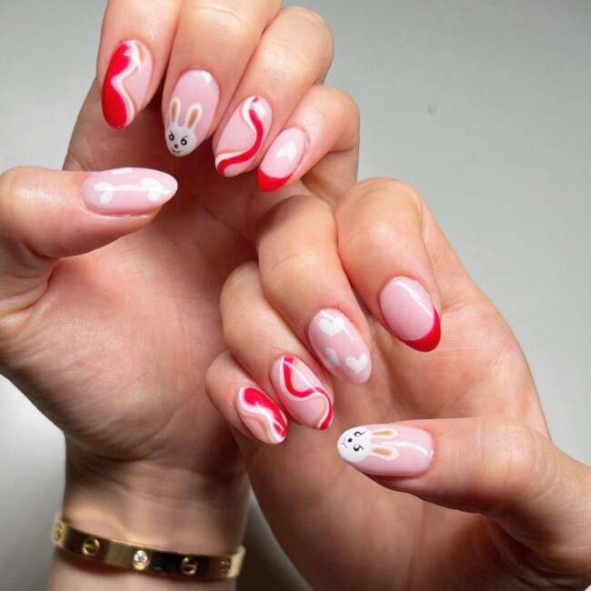 60+ Cute Easter Nail Art Designs — Bunny French Tip, Red and White Nails