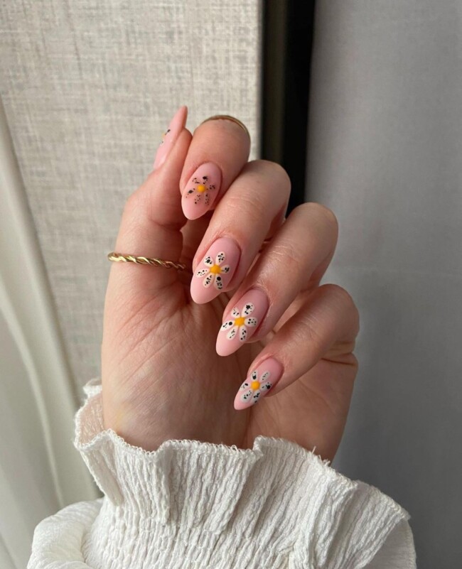 60+ Cute Easter Nail Art Designs — Flower Easter Egg Matte Nude Nail Art