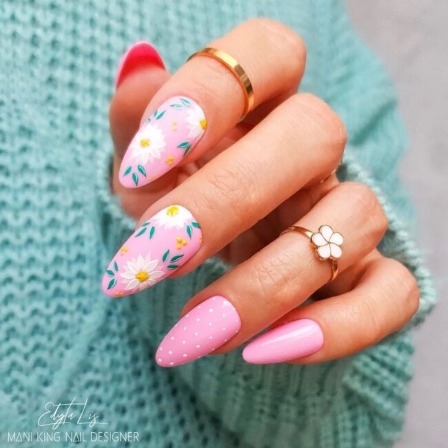 60+ Cute Easter Nail Art Designs — Flower Pink & Polka Dot Nails