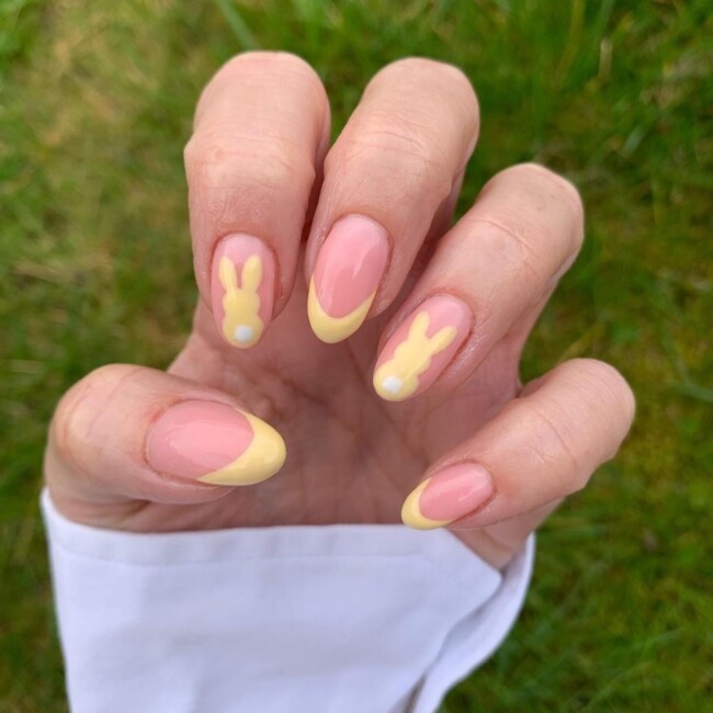 60+ Cute Easter Nail Art Designs — Pastel Yellow Bunny French Tip Nails