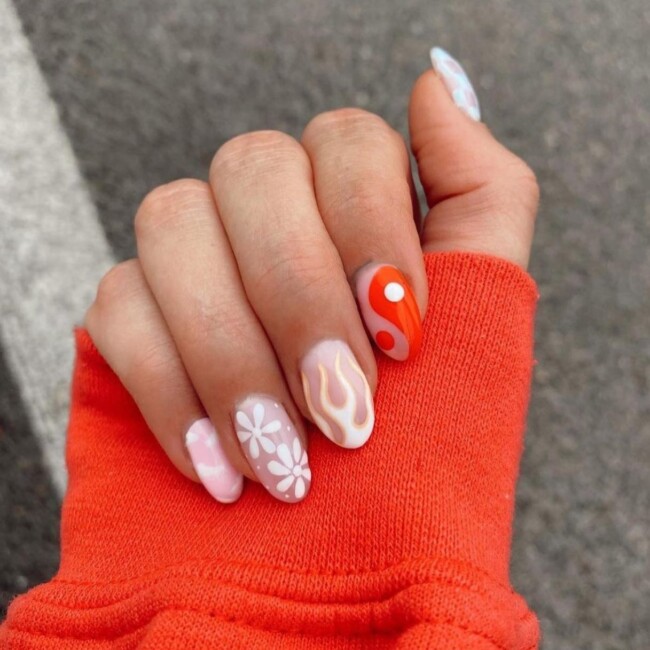 40 Cute Summer Nails for 2022 — Red and White Yin-Yang, Daisy, Flame & Cloud Nails