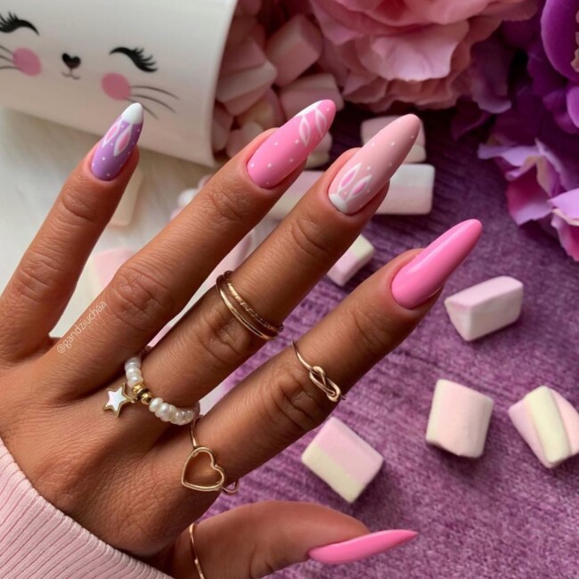 60+ Cute Easter Nail Art Designs — Bunny Pink and Purple Nails