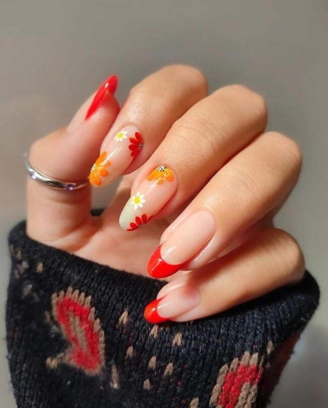 52 Super Pretty Floral Nail Designs — Orange and Red Flower & French Tip Nails