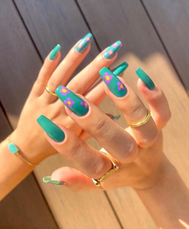 52 Super Pretty Floral Nail Designs — Pink Flower Green Nails