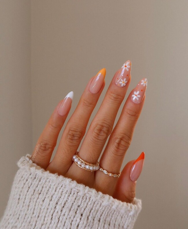 52 Super Pretty Floral Nail Designs — Orange, White French & Daisy Nails