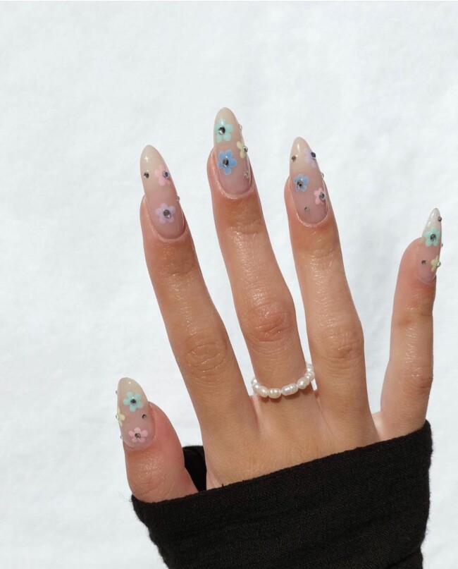 52 Super Pretty Floral Nail Designs — Pastel Flower Sheer Nails