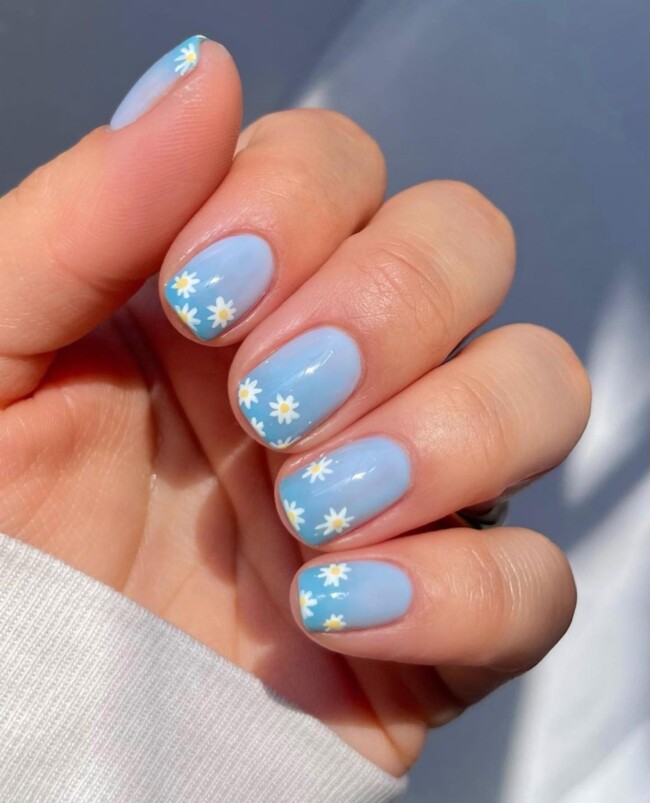 52 Super Pretty Floral Nail Designs — Daisy Tips Ombre Blue Short Nails