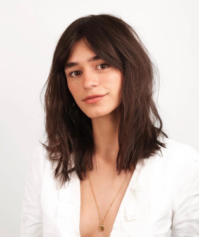 50 Best Bob and Lob Haircuts for Summer 2022 — Dark Brown Textured Lob Haircut with Fringe