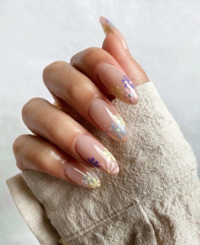 52 Super Pretty Floral Nail Designs — Dainty Flower French Tip Clear Base Nails