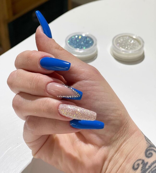 50+ Royal Blue Nail Designs for Everyone — Glitter and Royal Blue Coffin Nails