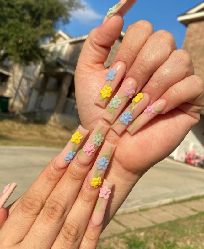 52 Super Pretty Floral Nail Designs — 3D Flower Coffin Nails