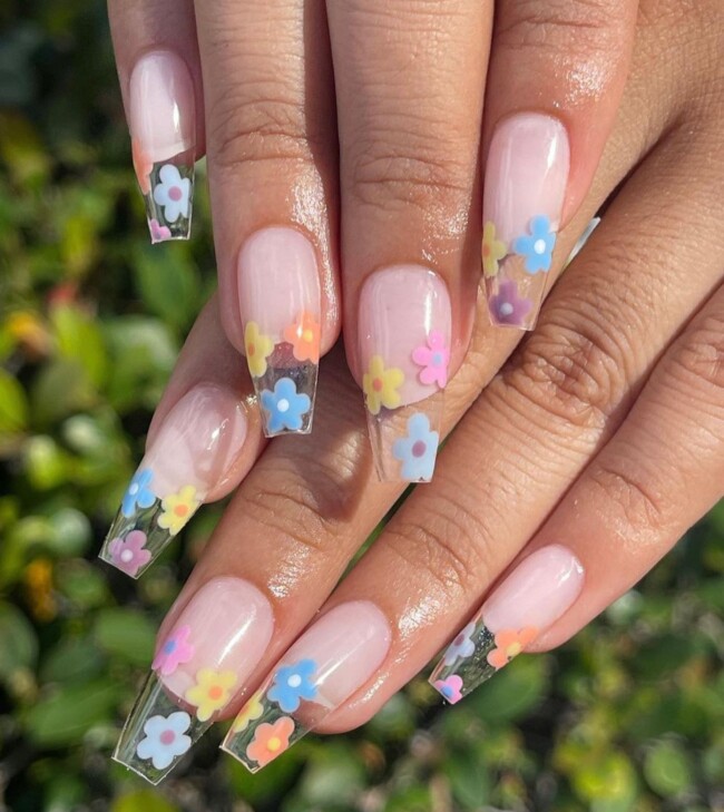 52 Super Pretty Floral Nail Designs — Pastel Flower Clear Tip Nails