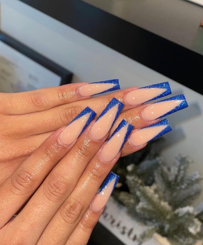 50+ Royal Blue Nail Designs for Everyone — Glittery Royal Blue V French Nails