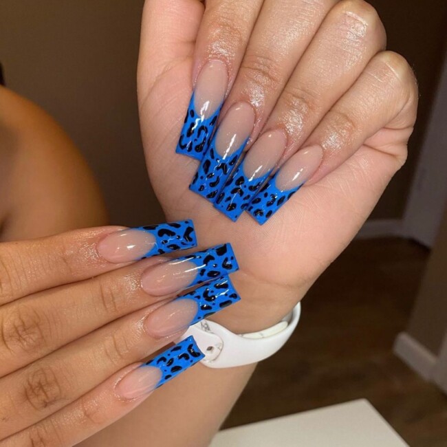 50+ Royal Blue Nail Designs for Everyone — Acrylic Leopard Print French Tip Long Nails