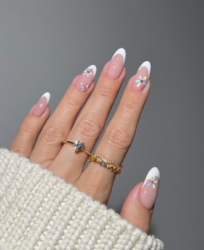 52 Super Pretty Floral Nail Designs — Flower White French Tip Nails