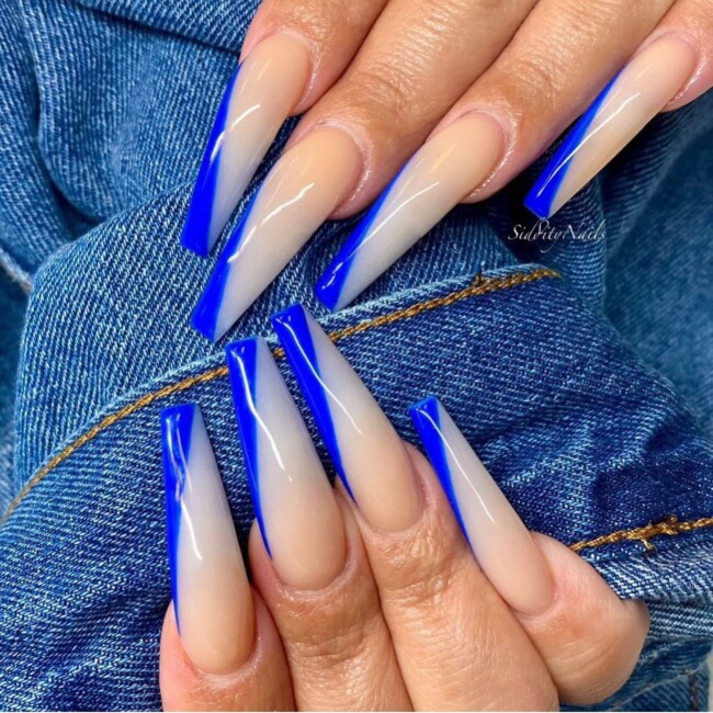 50+ Royal Blue Nail Designs for Everyone — Royal Blue Side French Coffin Nails