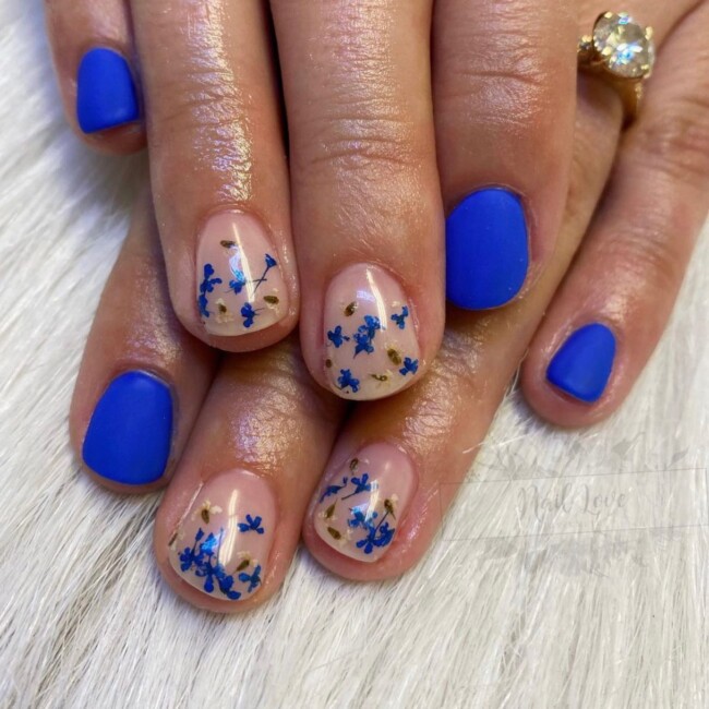 50+ Royal Blue Nail Designs for Everyone — Royal Blue & Dried Flower Natural Short Nails