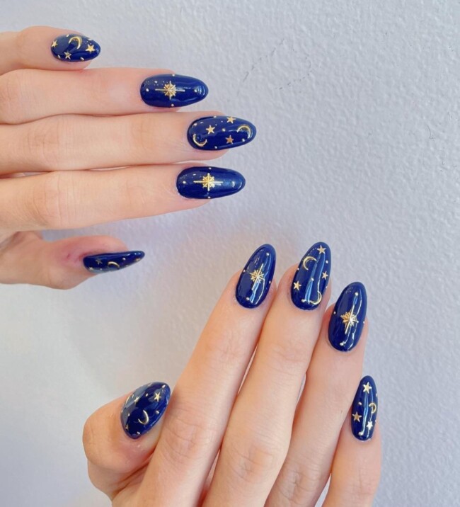 50+ Celestial Nail Art Design — Gold and Navy Blue Celestial Nails