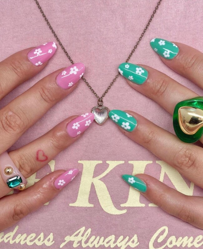 52 Super Pretty Floral Nail Designs — Green and Pink Nails with Flower Accents