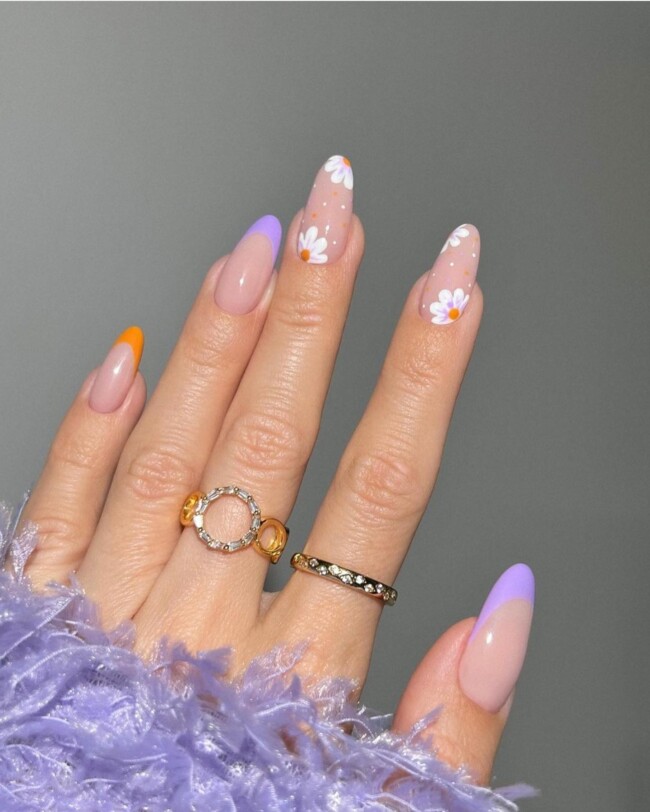 52 Super Pretty Floral Nail Designs — Orange & Purple French Tips & Daisy Nail