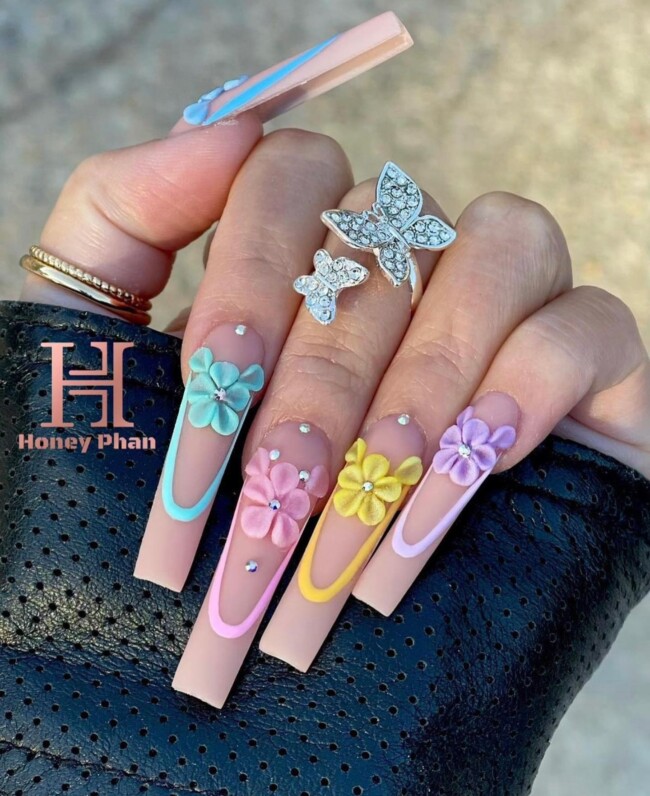 52 Super Pretty Floral Nail Designs — Pastel 3D Flower Nude Acrylic Nails