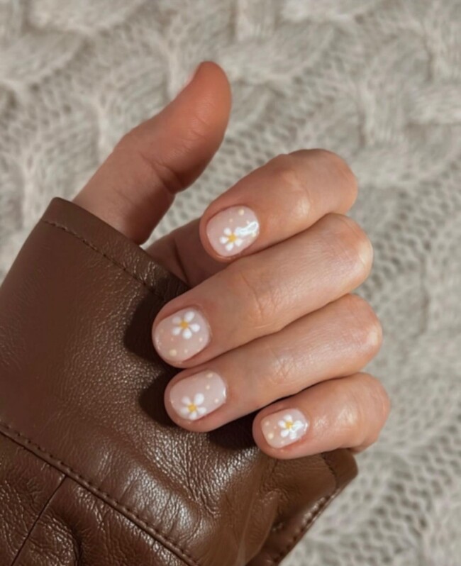 52 Super Pretty Floral Nail Designs — Daisy Clear Base Short Nails