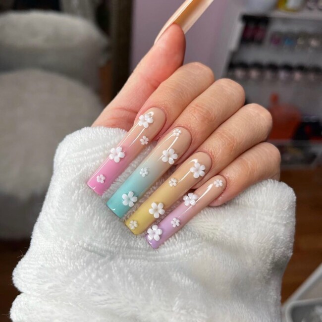 52 Super Pretty Floral Nail Designs — Pastel Ombre 3D Flower Acrylic Nails