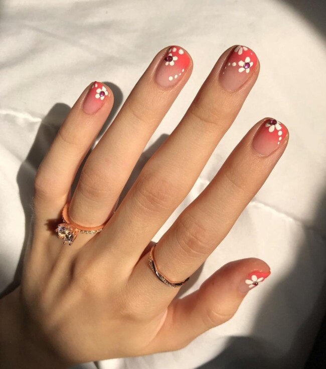 77 Summer French Nails That’ll Match Your Wardrobe — Ombre Orange French Nails with Flowers